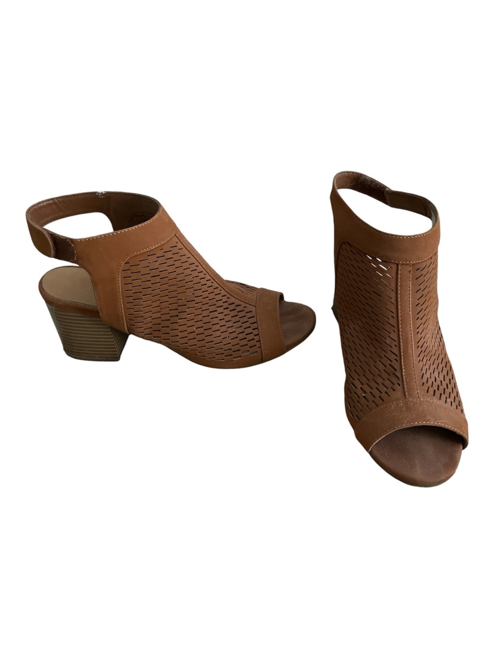 BAMBOO Tan Perforated Peep-Toe Ankle Booties with Block Heel
